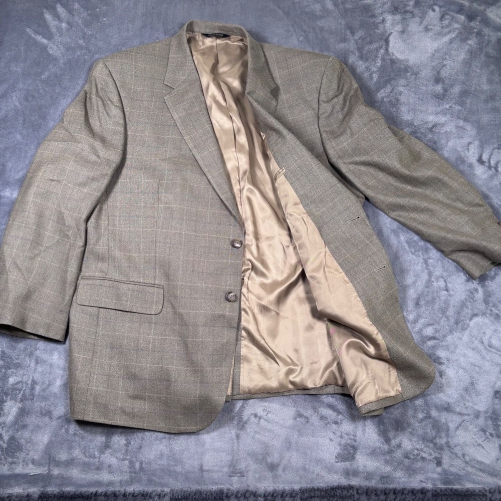 Jos A Bank Signature Blazer 48R Tan Brown Silk Wool Windowpane Plaid Sport Coat